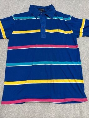 Men's Blue Striped Polo Shirt with Multicolor Accent Stripes Large